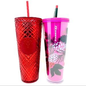 Starbucks Red Jeweled & Pink Pinecone Winter Tumbler Venti 24oz set